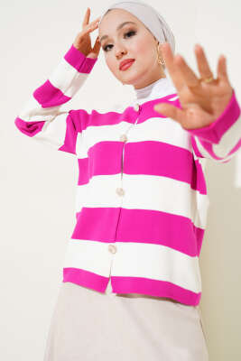 Kalın Çizgili Düğmeli Kısa Triko Hırka Fuşya - Hırka
