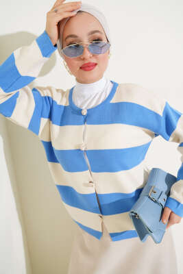 Kalın Çizgili Düğmeli Kısa Triko Hırka İndigo 