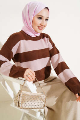 Kalın Çizgili Triko Crop Kazak Kahve 