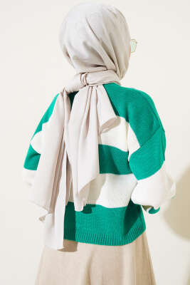 Kalın Çizgili Triko Crop Kazak Zümrüt - Triko