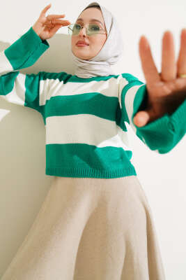 Kalın Çizgili Triko Crop Kazak Zümrüt - Triko