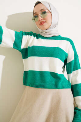 Kalın Çizgili Triko Crop Kazak Zümrüt - Triko