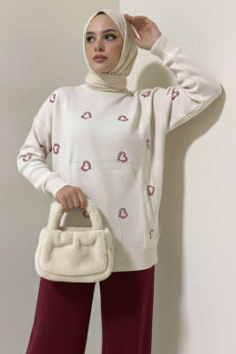 Kalp Nakışlı Triko Kazak Taş