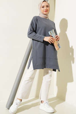 Kanguru Cepli İki İplik Tunik Füme - Yılın Fırsatı