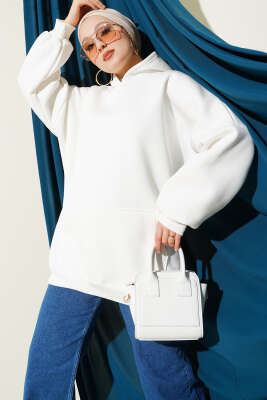 Kanguru Cepli Kapüşonlu Şardonlu Sweatshirt Ekru 