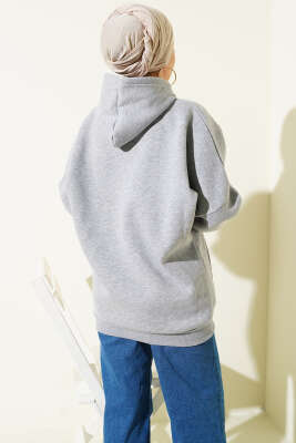 Kanguru Cepli Kapüşonlu Şardonlu Sweatshirt Gri - Tunik