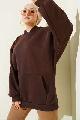 Kanguru Cepli Kapüşonlu Şardonlu Sweatshirt Kahve 