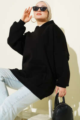 Kanguru Cepli Kapüşonlu Şardonlu Sweatshirt Siyah 