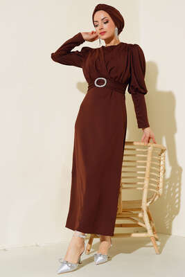 Kapalı Kruvaze Yakalı Elbise Kahve