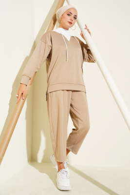 Kapşonlu Garnili İkili Takım Bej 