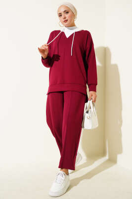 Kapşonlu Garnili İkili Takım Bordo - İkili Takım
