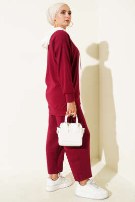 Kapşonlu Garnili İkili Takım Bordo - İkili Takım