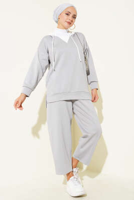 Kapşonlu Garnili İkili Takım Gri 