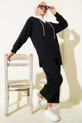 Kapşonlu Garnili İkili Takım Siyah 