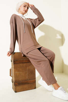 Kapşonlu Garnili İkili Takım Vizon 