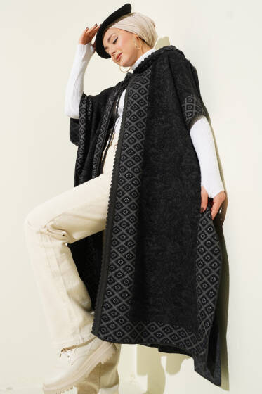 Kapüşonlu Baklava Desen Panço Siyah - Panço
