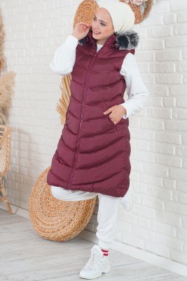 Kapüşonlu Cepli Bordo Şişme Yelek