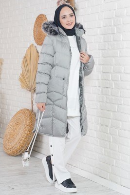 Kapüşonlu Cepli Gri Şişme Mont