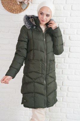 Kapüşonlu Cepli Haki Şişme Mont