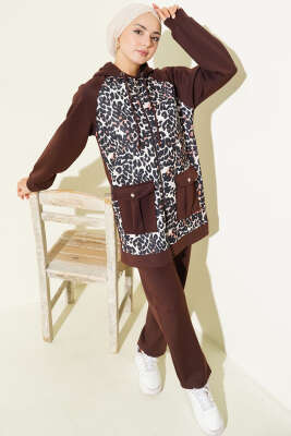 Kapüşonlu Cepli Leoparlı Scuba İkili Takım Kahve