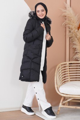 Kapüşonlu Cepli Siyah Şişme Mont