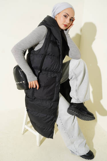 Kapüşonlu Cepli Uzun Şişme Yelek Siyah - Yelek