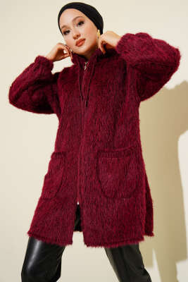 Kapüşonlu Fermuarlı Cepli Hırka Bordo