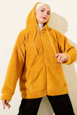 Kapüşonlu Fermuarlı Peluş Mont Hardal - MURAT GİYİM