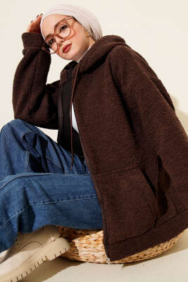 Kapüşonlu Fermuarlı Peluş Mont Kahve - MURAT GİYİM