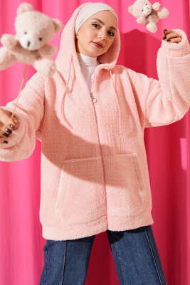 Kapüşonlu Fermuarlı Peluş Mont Pembe - MURAT GİYİM