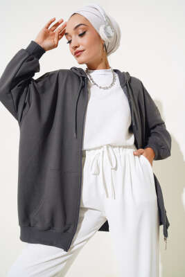 Kapüşonlu Fermuarlı Salaş Hırka Füme