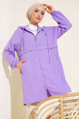 Kapüşonlu Önü Fermuarlı Hırka Lila 