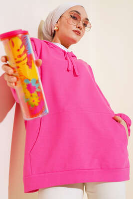 Kapüşonlu Oversize Sweat Fuşya 