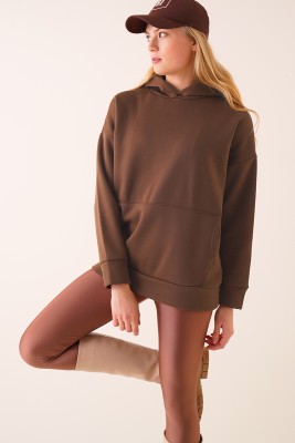Kapüşonlu Üç İplik Kestane Sweatshirt