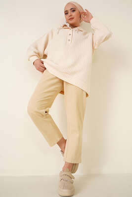 Kapüşonlu Waffle Kumaş Tunik Bej