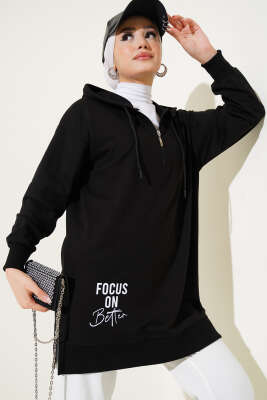 Kapüşonlu Yarım Fermuarlı Baskılı Tunik Siyah