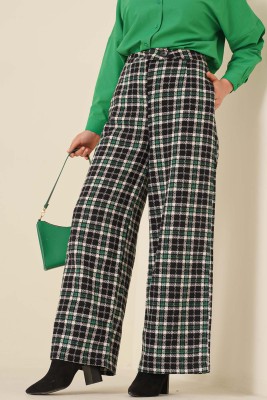 Kare Desenli Bol Paça Pantolon Yeşil