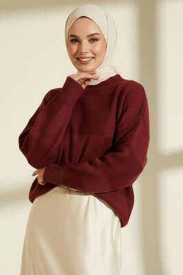 Kare Desenli Triko Kazak Bordo