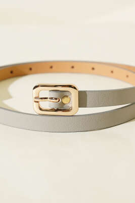 Kare Gold Tokalı İnce Kemer Gri - Deri Kemer