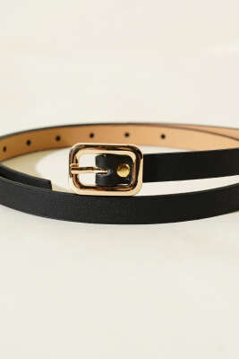 Kare Gold Tokalı İnce Kemer Siyah - Deri Kemer