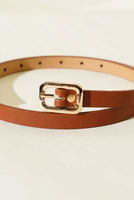 Kare Gold Tokalı İnce Kemer Taba - Deri Kemer