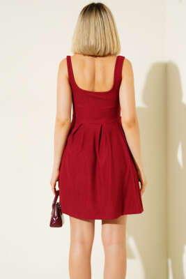 Kare Yaka Pileli Kaşkorse Mini Elbise Bordo - Kadın Giyim Modelleri