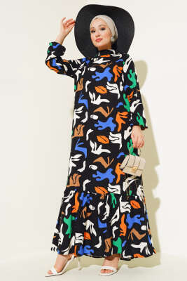 Karışık Desen Viskon Elbise Siyah - Elbise