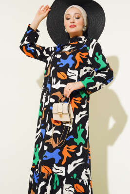 Karışık Desen Viskon Elbise Siyah - Elbise