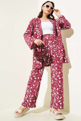 Karışık Desenli Bürümcük Kimono İkili Takım Bordo - ORIGINAL