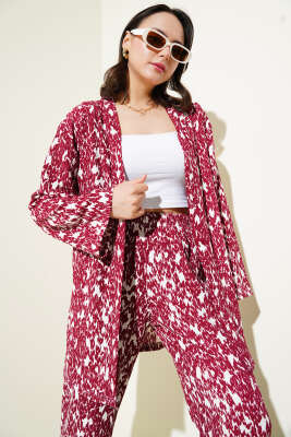 Karışık Desenli Bürümcük Kimono İkili Takım Bordo - Kadın Giyim Modelleri