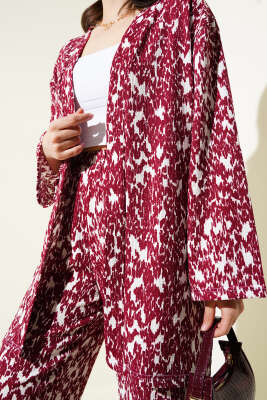 Karışık Desenli Bürümcük Kimono İkili Takım Bordo - Kadın Giyim Modelleri
