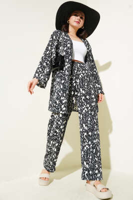 Karışık Desenli Bürümcük Kimono İkili Takım Siyah 