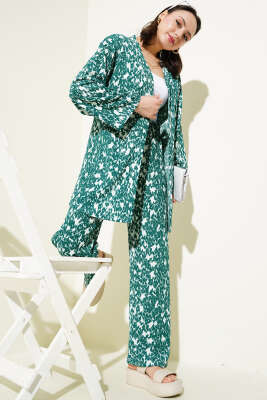Karışık Desenli Bürümcük Kimono İkili Takım Zümrüt 