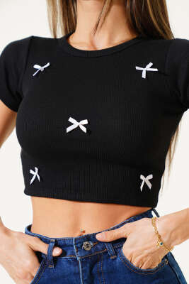 Kaşkorse Fiyonklu Crop Siyah - Kadın Giyim Modelleri